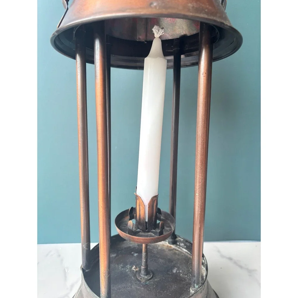 Vintage Copper Candle Lantern Rustic Farmhouse Decor Floral Ceramic Handle